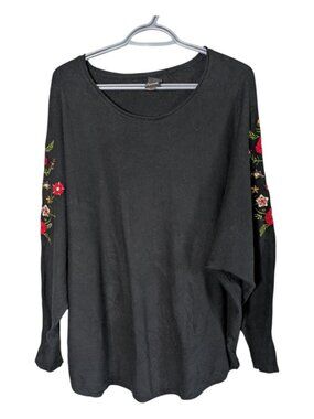 Aeda Black Sweater Embroidered Floral Dolman Sleeves Size 2X